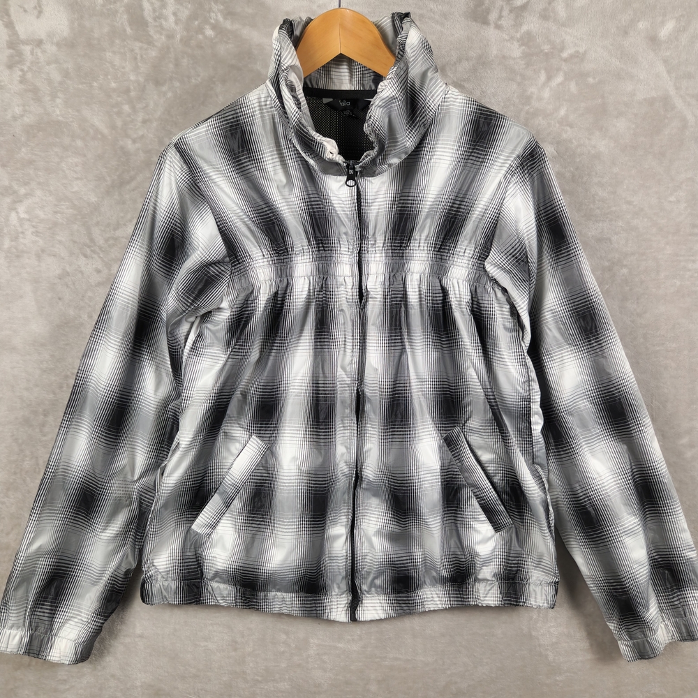 Folia Women's Black and White Abstract Sinched Rain Jacket Mesh Lined US Size M‎